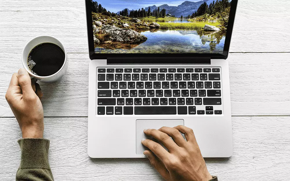 PC Umweltmanagement - Laptop mit landschaftbild, Hände einer Person mit Kaffeetasse