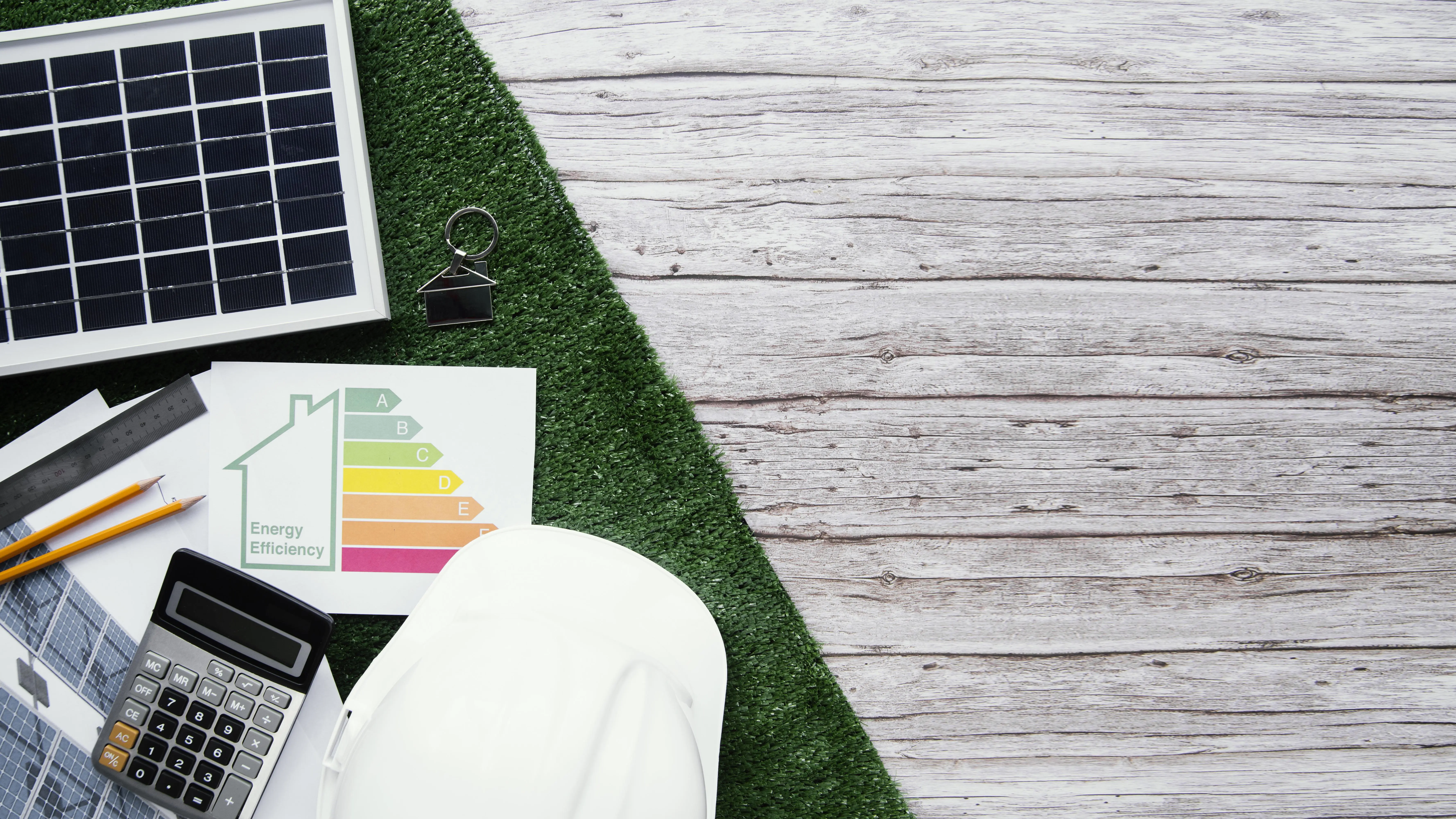 Gegenstände zur Energieplanung wie Solarpanel und Energieausweis auf Kunstrasen und Holzboden angeordnet