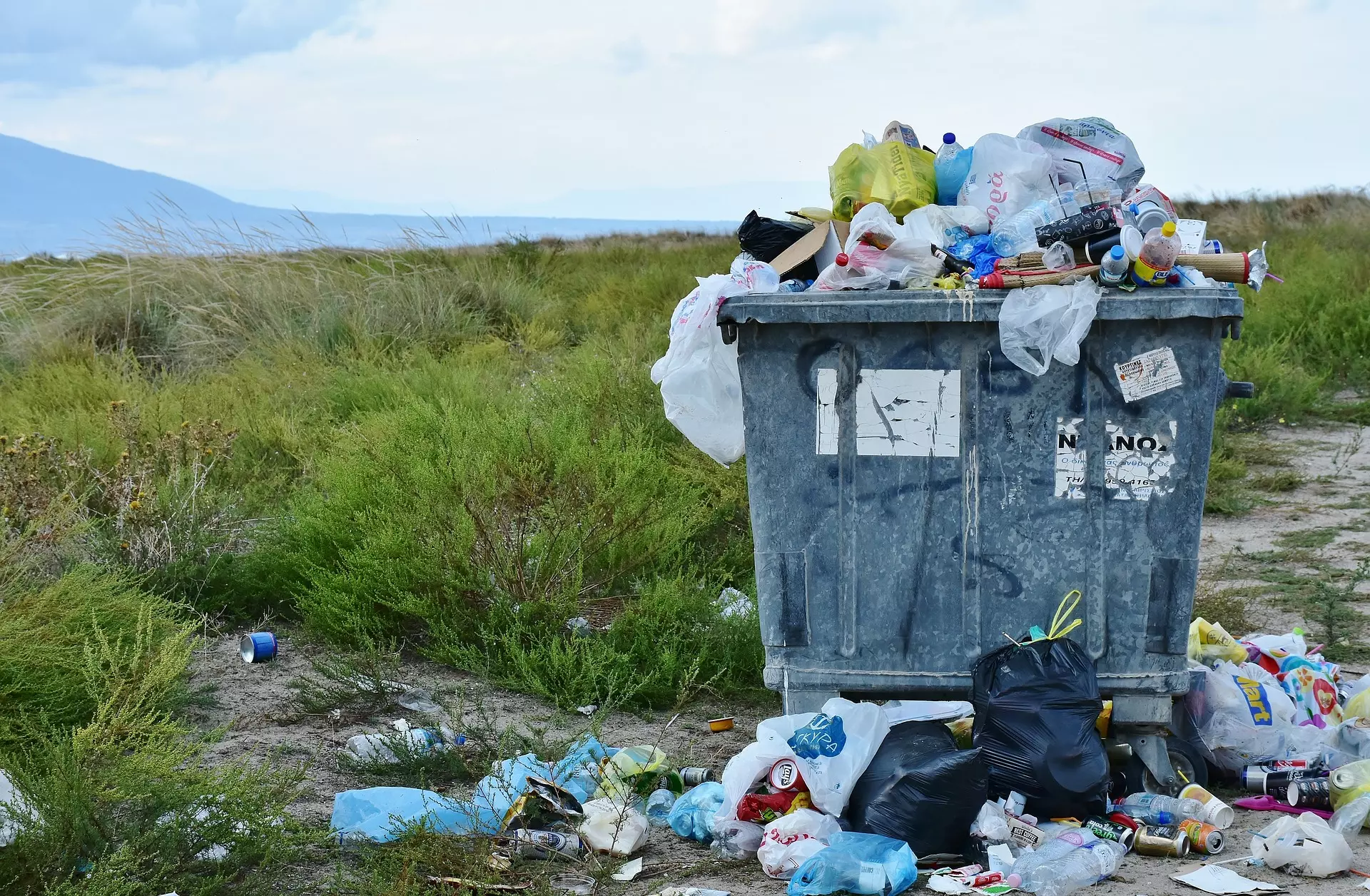 übervolle Müllonne mit diversem Plastikmüll auf hügeliger Wiese