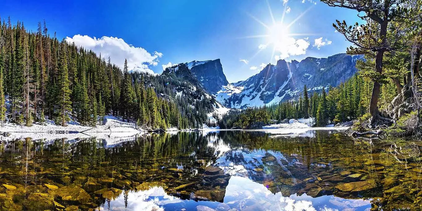 Foto eines Sees in einer sonnig, angeschneiten Wald- und Berglandschaft