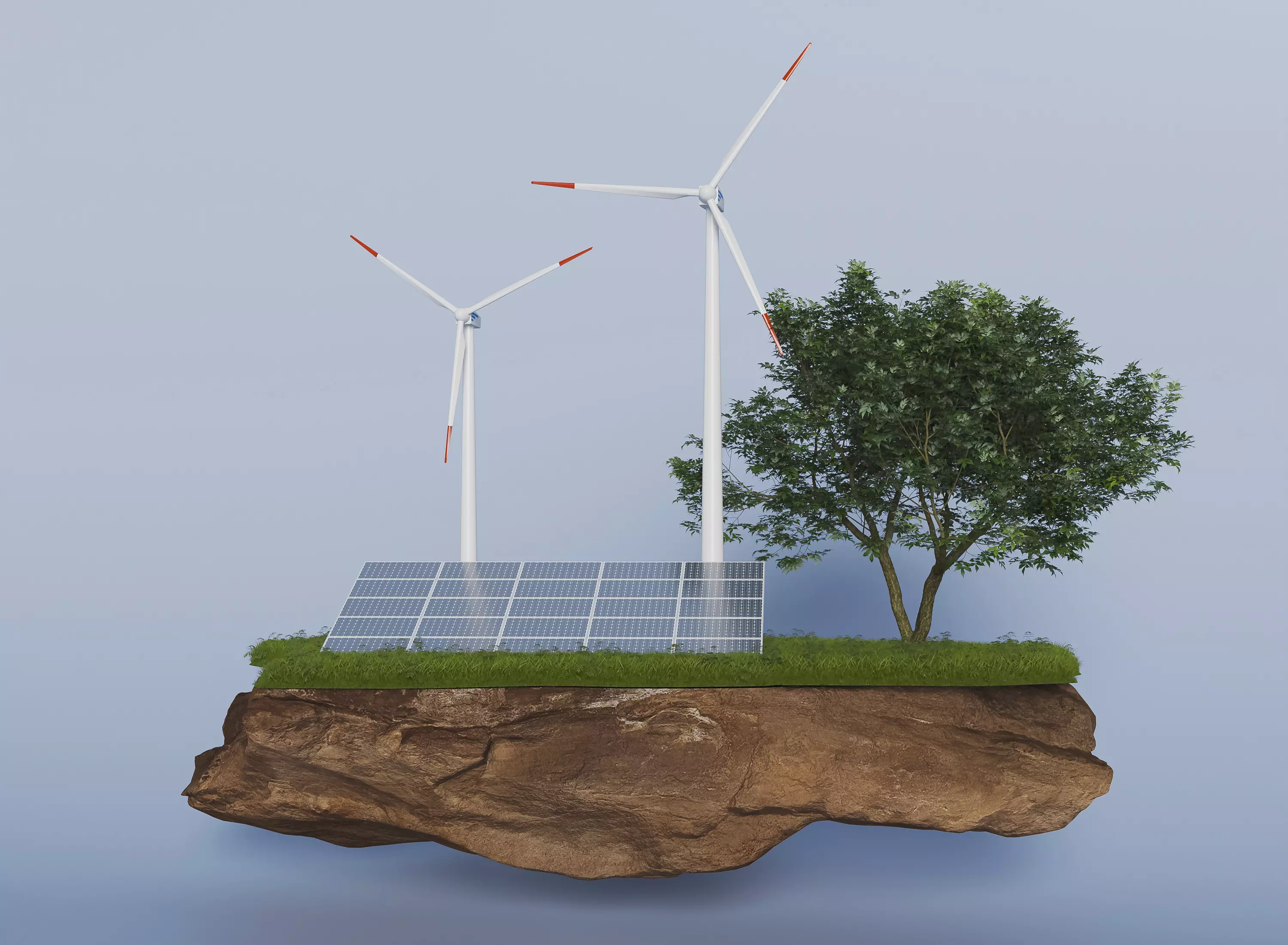 Windräder PV und Baum auf Erde