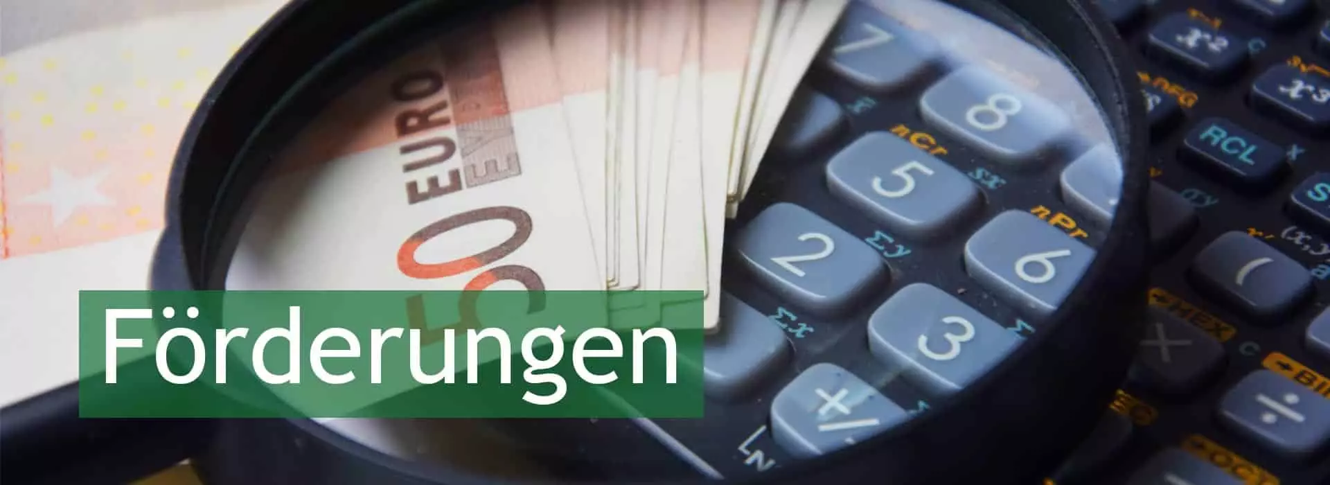 Förderung-Bild einer Lupe über Euro Banknoten und einem Taschenrechner